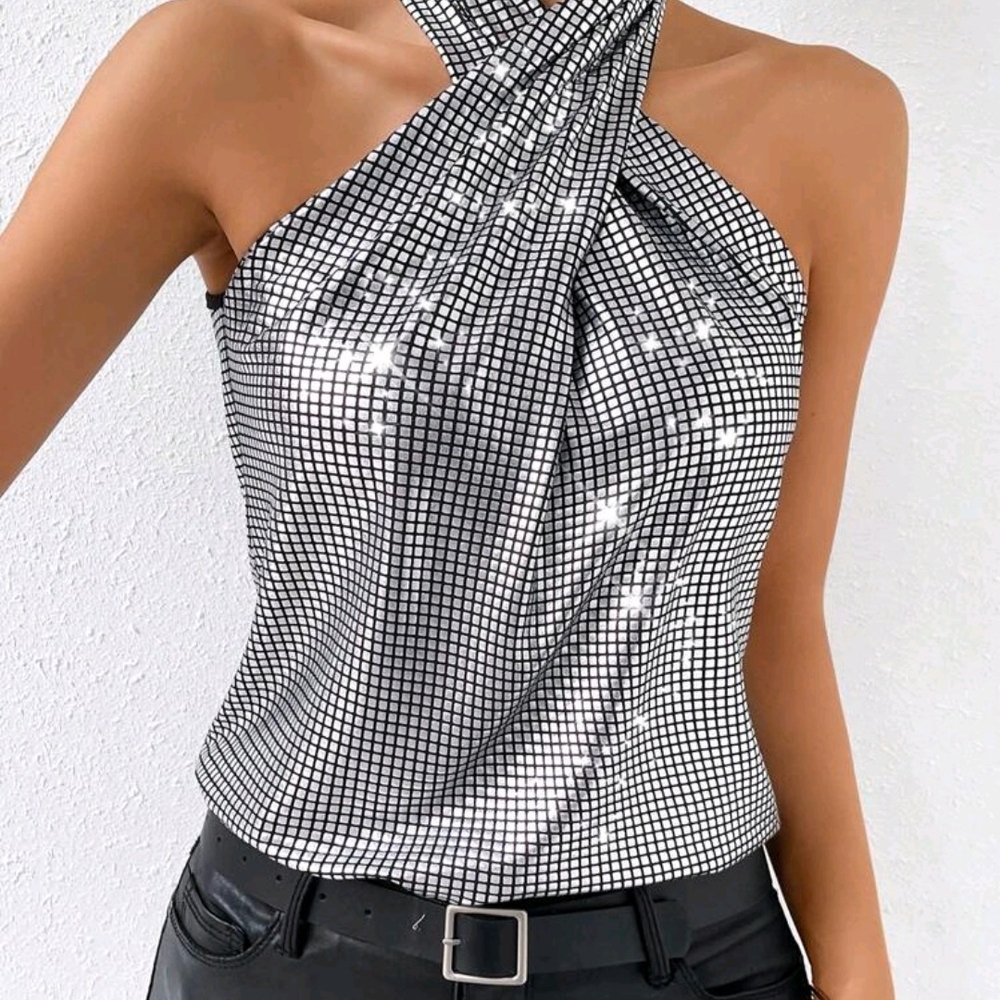 Silver Halter Neck Women Top